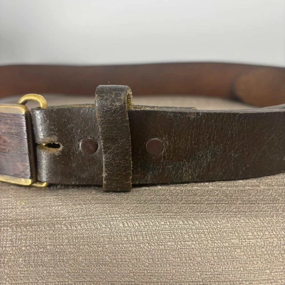 BTS Leather Belt Men 38 Brown Rare Vintage 70s Wood Inlay Solid Brass Buckle USA